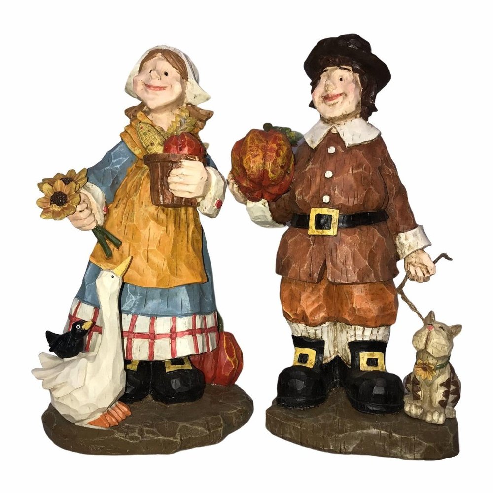 Vintage Pilgrim Man Woman Cat Statue Thanksgiving